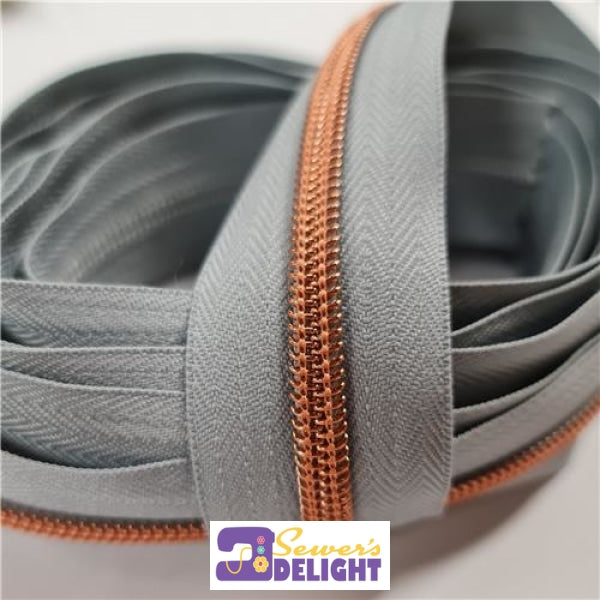 Zipper Tape Grey With Rose Gold Zips By The Metre
