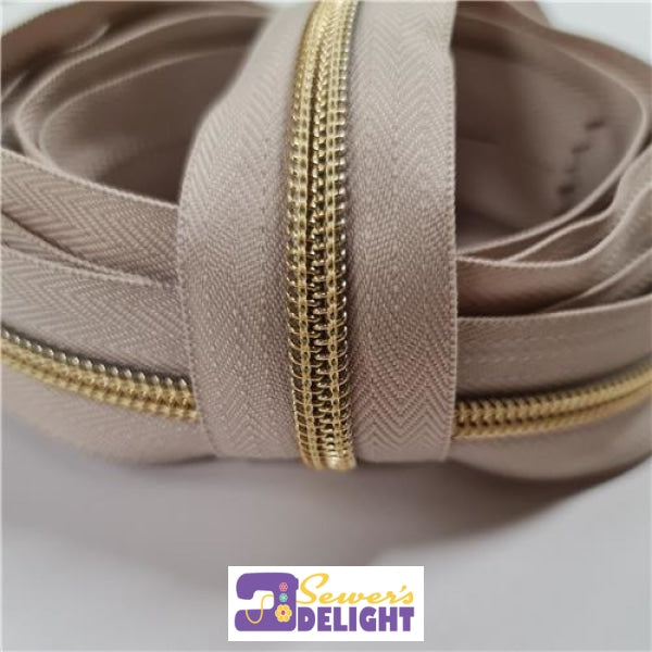 Zipper Tape Natural With Gold Zips By The Metre